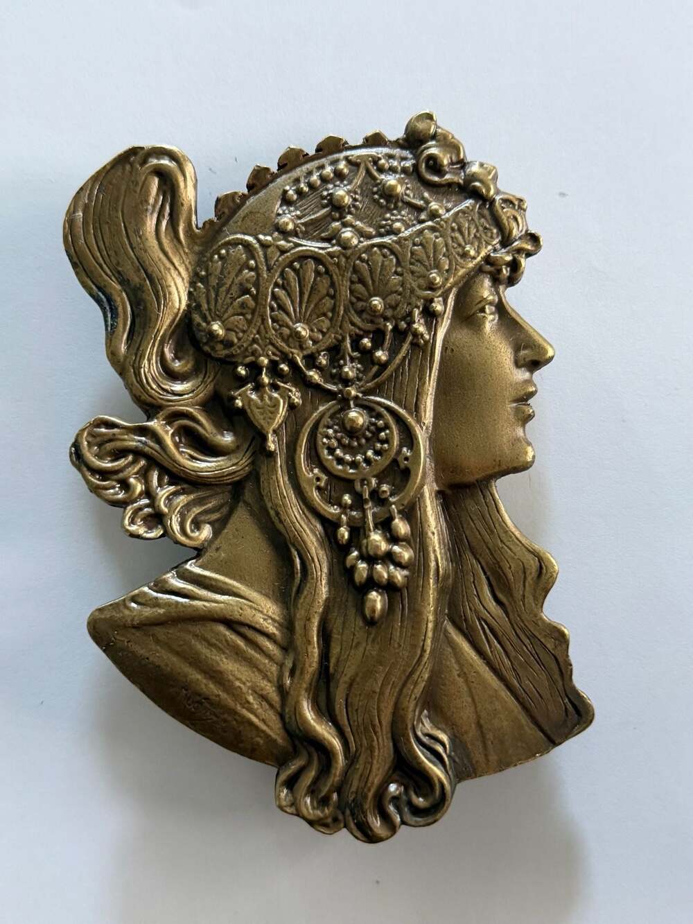 Vintage 1970s Bergamot Brass Works Alphonse Mucha Art Nouveau Lady Belt Buckle